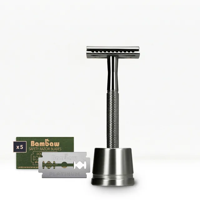 bambaw-shaving-rasierhobel-set-metall-silber-mit-st-nder image 1