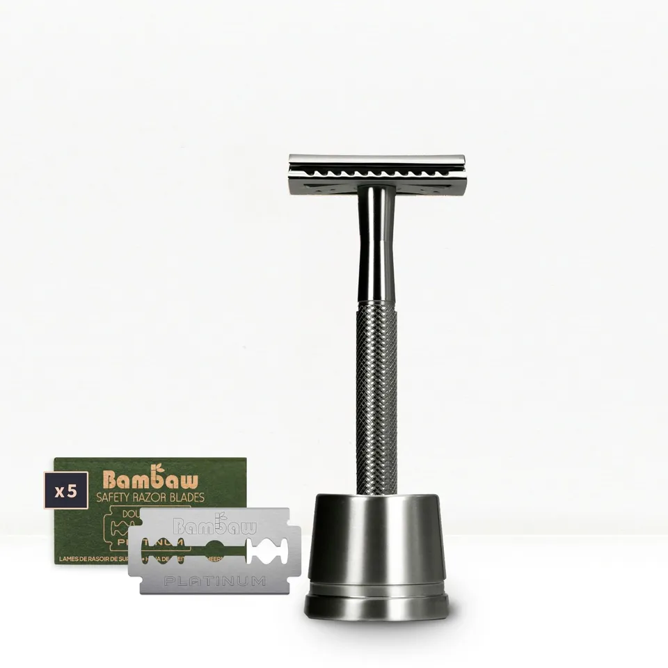 bambaw-shaving-rasierhobel-set-metall-silber-mit-st-nder image 1