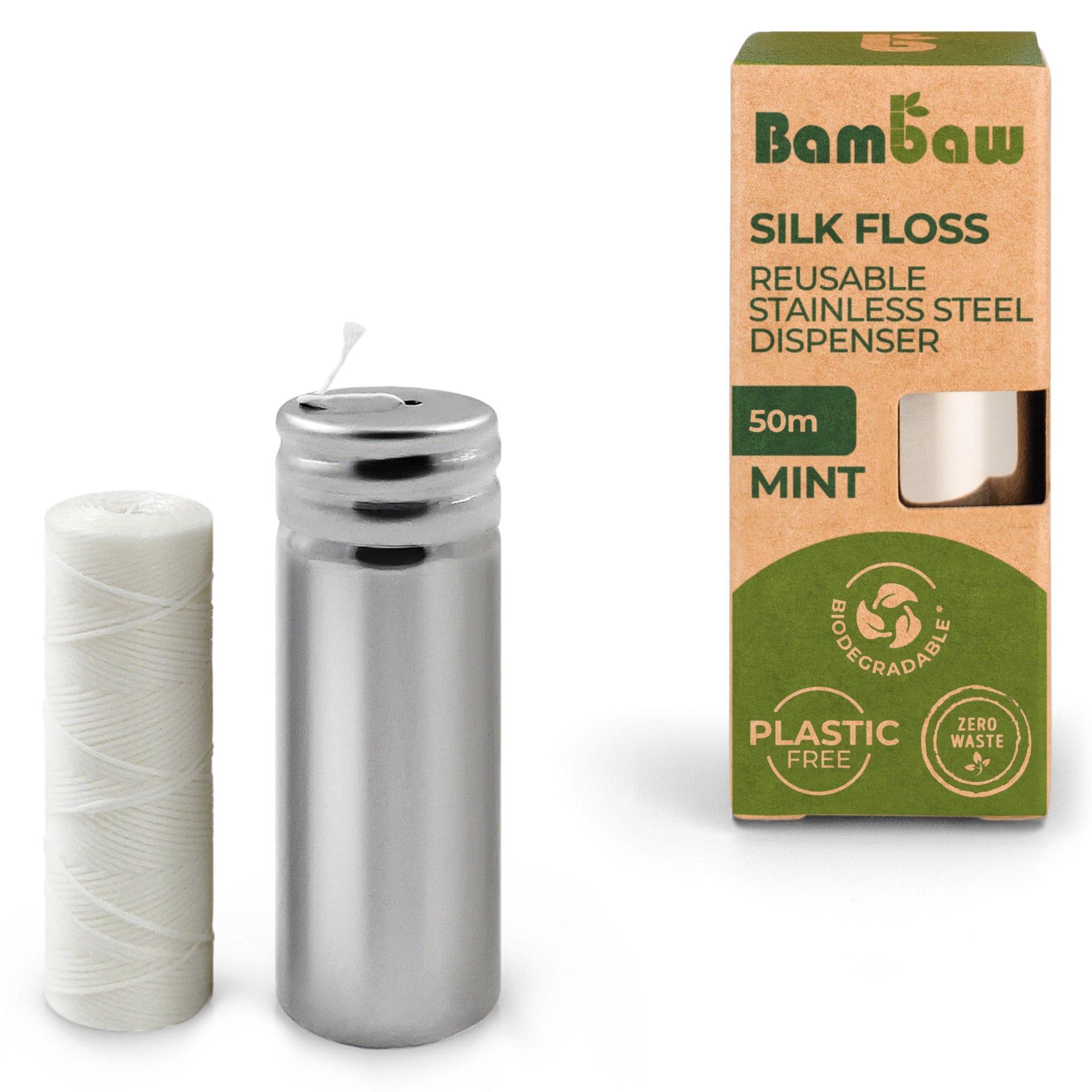 bambaw-silk-floss-zahnseide-seide-minze-spender-50m image 2